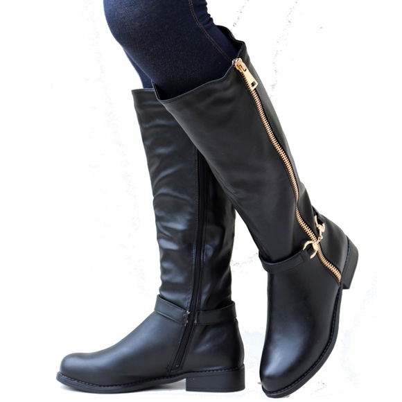 Shoes New Black Gold Zipper Knee High Riding Boots Poshmark
